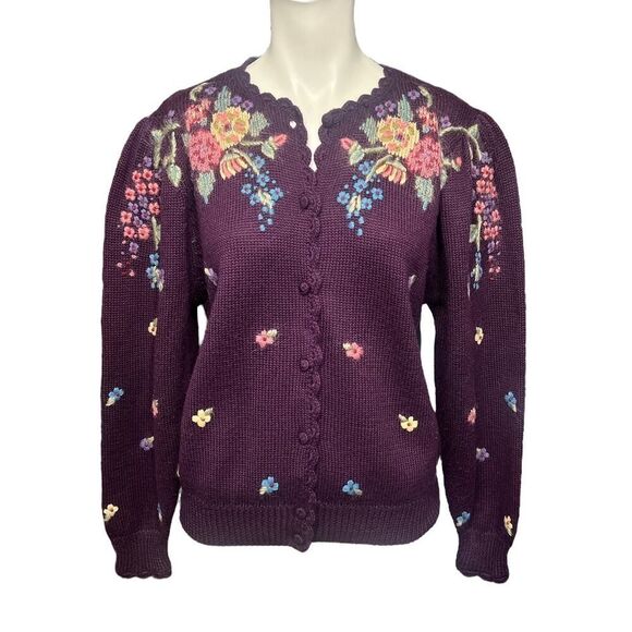 VTG Herman Geist Sweater Large Cardigan Floral Hand Embroidered Grandma Core L - Picture 1 of 6